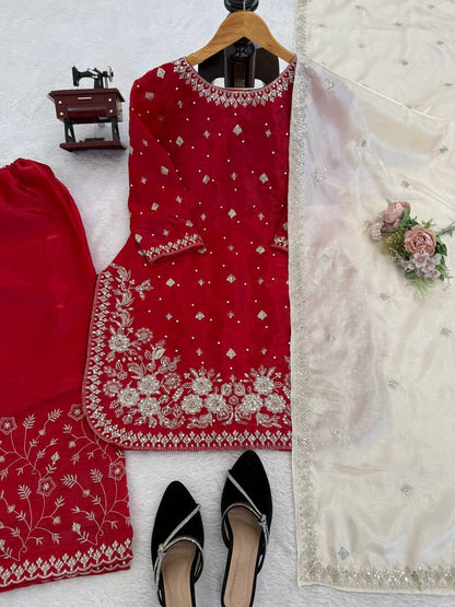 Heavy Embroidered Kurti Palazzo Set with Dupatta – 4 Elegant Colors