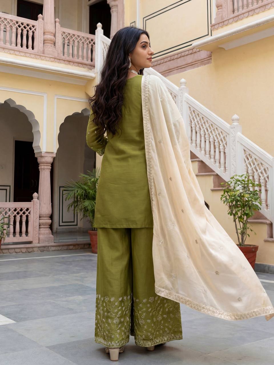 Heavy Embroidered Kurti Palazzo Set with Dupatta – 4 Elegant Colors