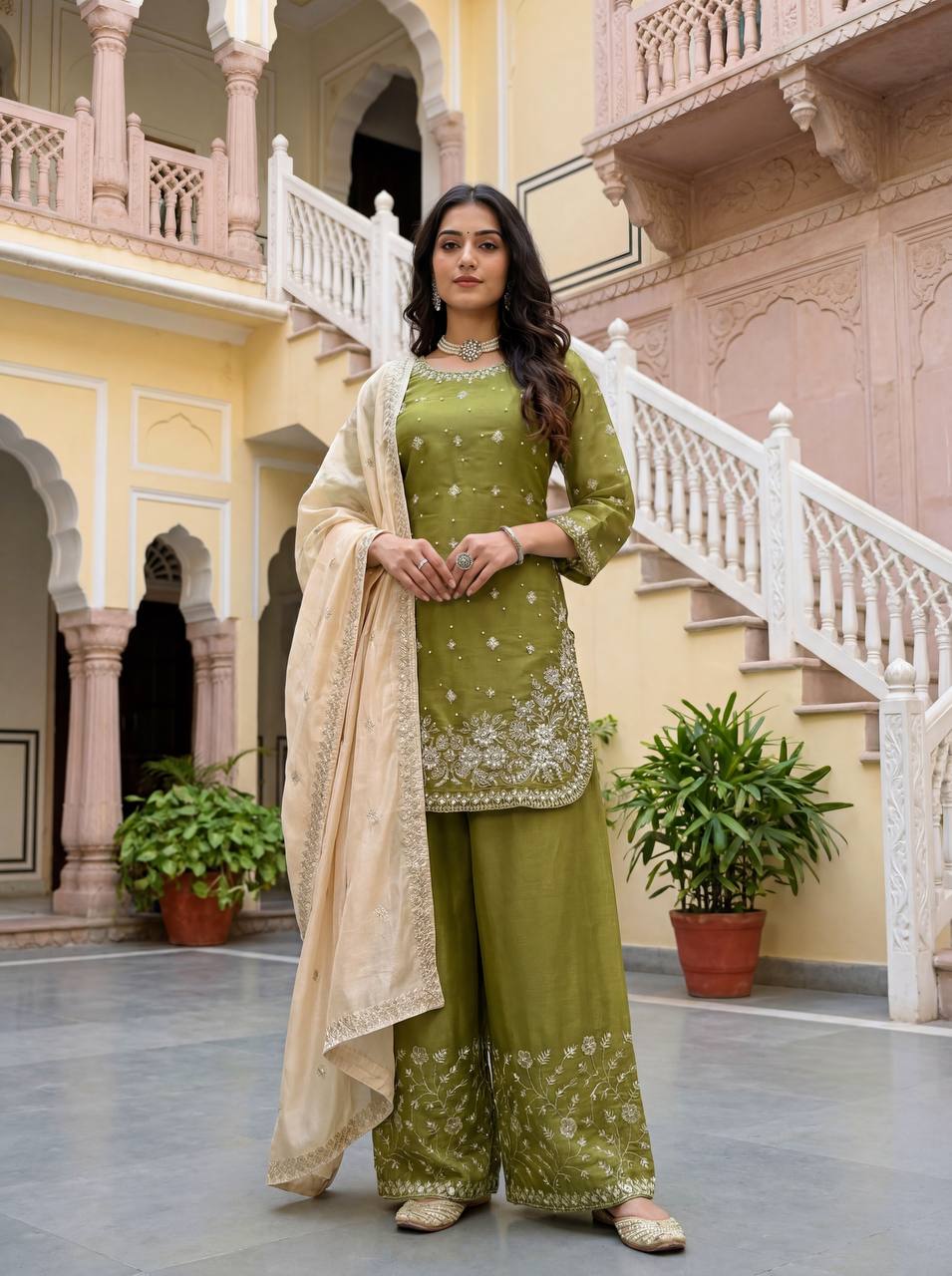 Heavy Embroidered Kurti Palazzo Set with Dupatta – 4 Elegant Colors