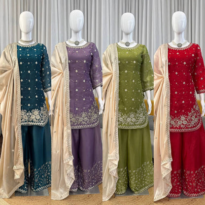 Heavy Embroidered Kurti Palazzo Set with Dupatta – 4 Elegant Colors