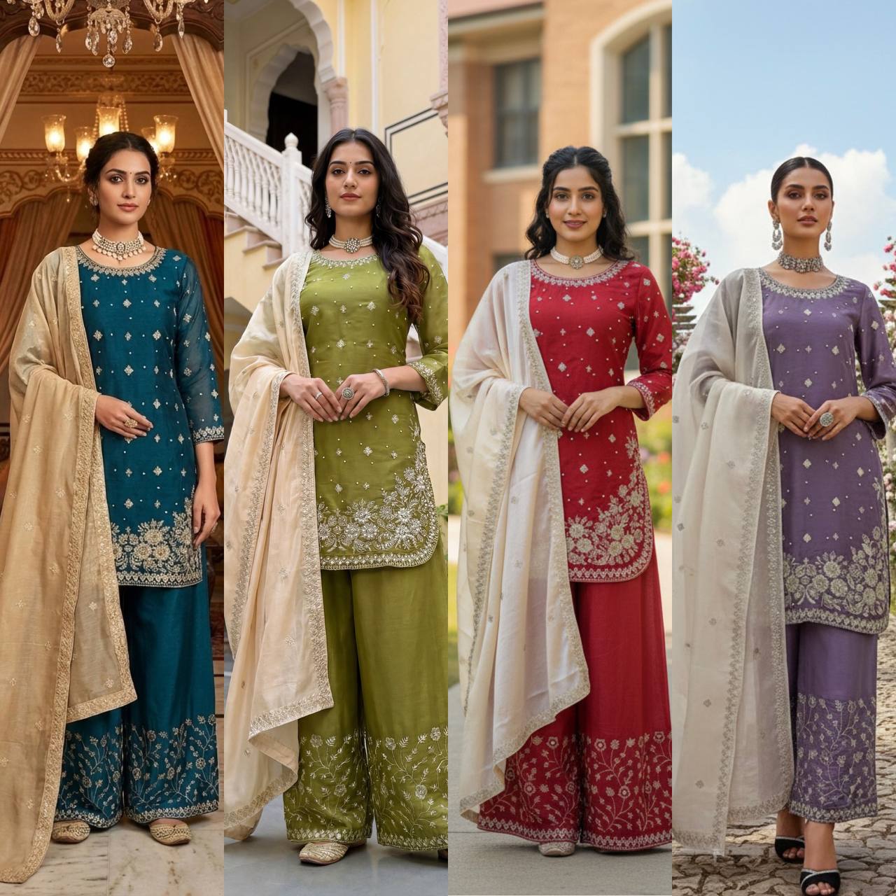 Heavy Embroidered Kurti Palazzo Set with Dupatta – 4 Elegant Colors