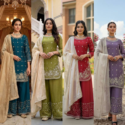 Heavy Embroidered Kurti Palazzo Set with Dupatta – 4 Elegant Colors
