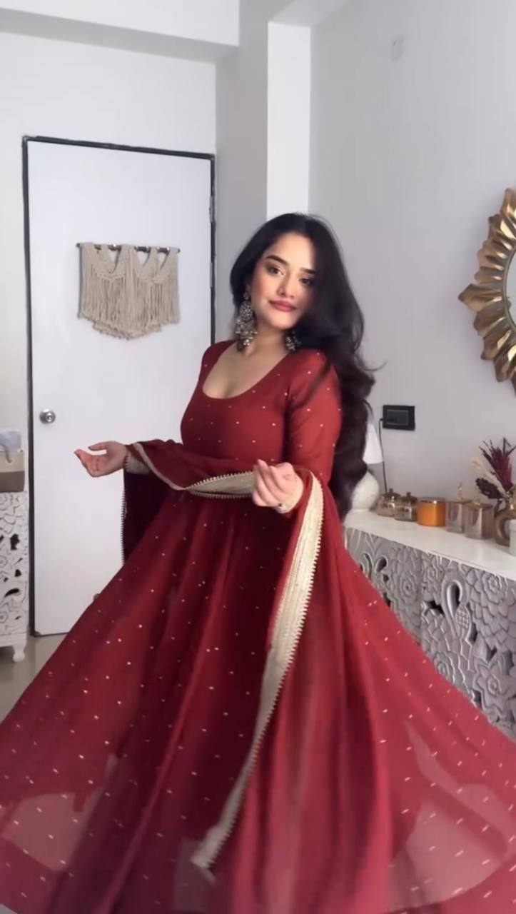 Maroon Dot Embellished Anarkali Kurti Set with Dupatta