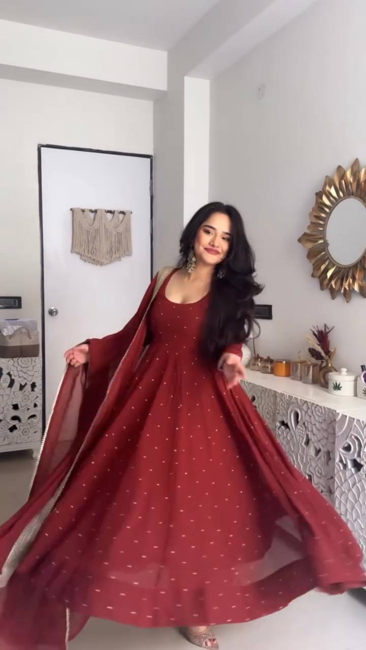 Maroon Dot Embellished Anarkali Kurti Set with Dupatta