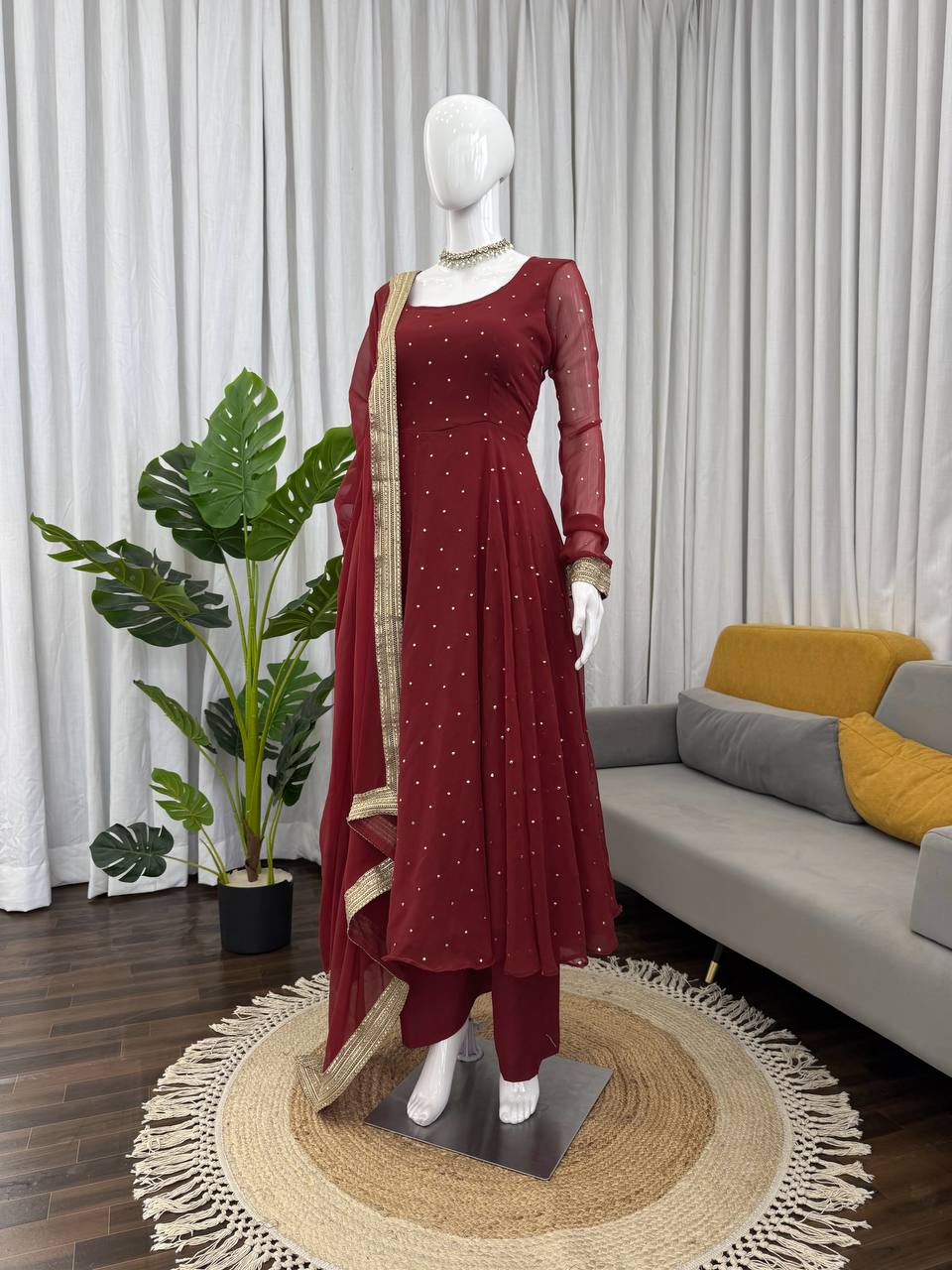 Maroon Dot Embellished Anarkali Kurti Set with Dupatta