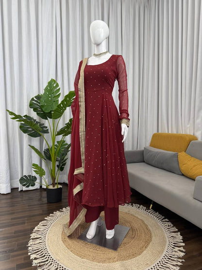 Maroon Dot Embellished Anarkali Kurti Set with Dupatta