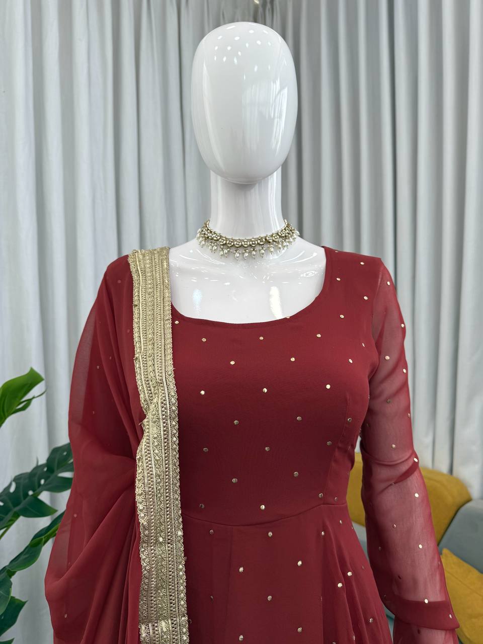 Maroon Dot Embellished Anarkali Kurti Set with Dupatta