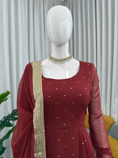 Maroon Dot Embellished Anarkali Kurti Set with Dupatta