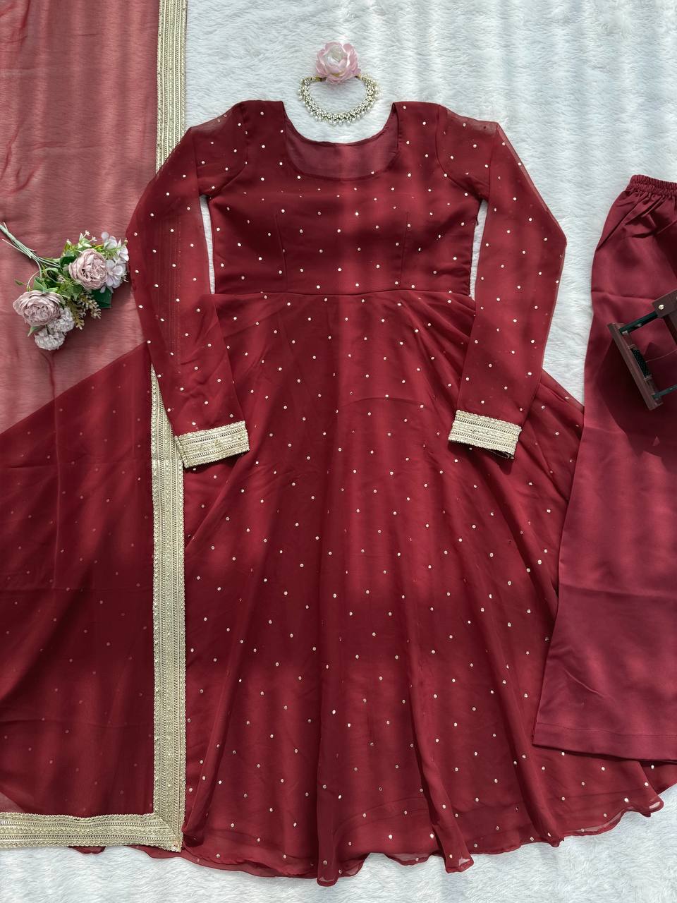 Maroon Dot Embellished Anarkali Kurti Set with Dupatta