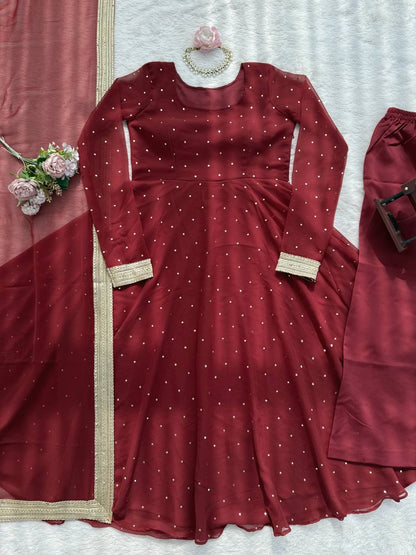 Maroon Dot Embellished Anarkali Kurti Set with Dupatta