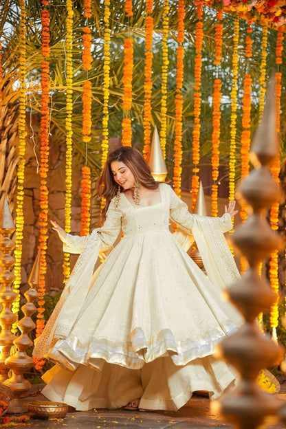 Cream Embellished Anarkali Kurti Set with Palazzo & Dupatta