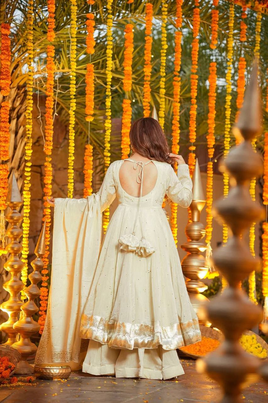 Cream Embellished Anarkali Kurti Set with Palazzo & Dupatta