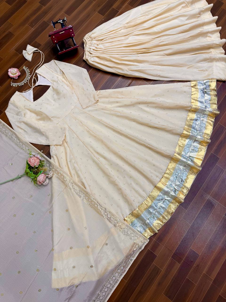 Cream Embellished Anarkali Kurti Set with Palazzo & Dupatta
