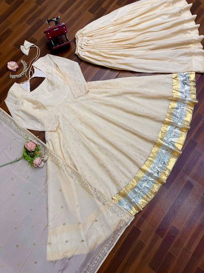 Cream Embellished Anarkali Kurti Set with Palazzo & Dupatta