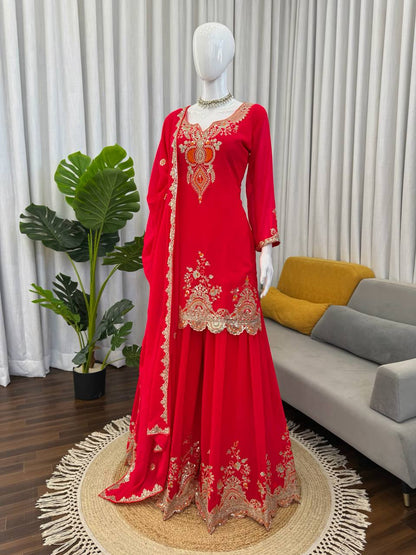 Heavy Embroidered Kurti Sharara Set with Dupatta – 4 Stunning Colors