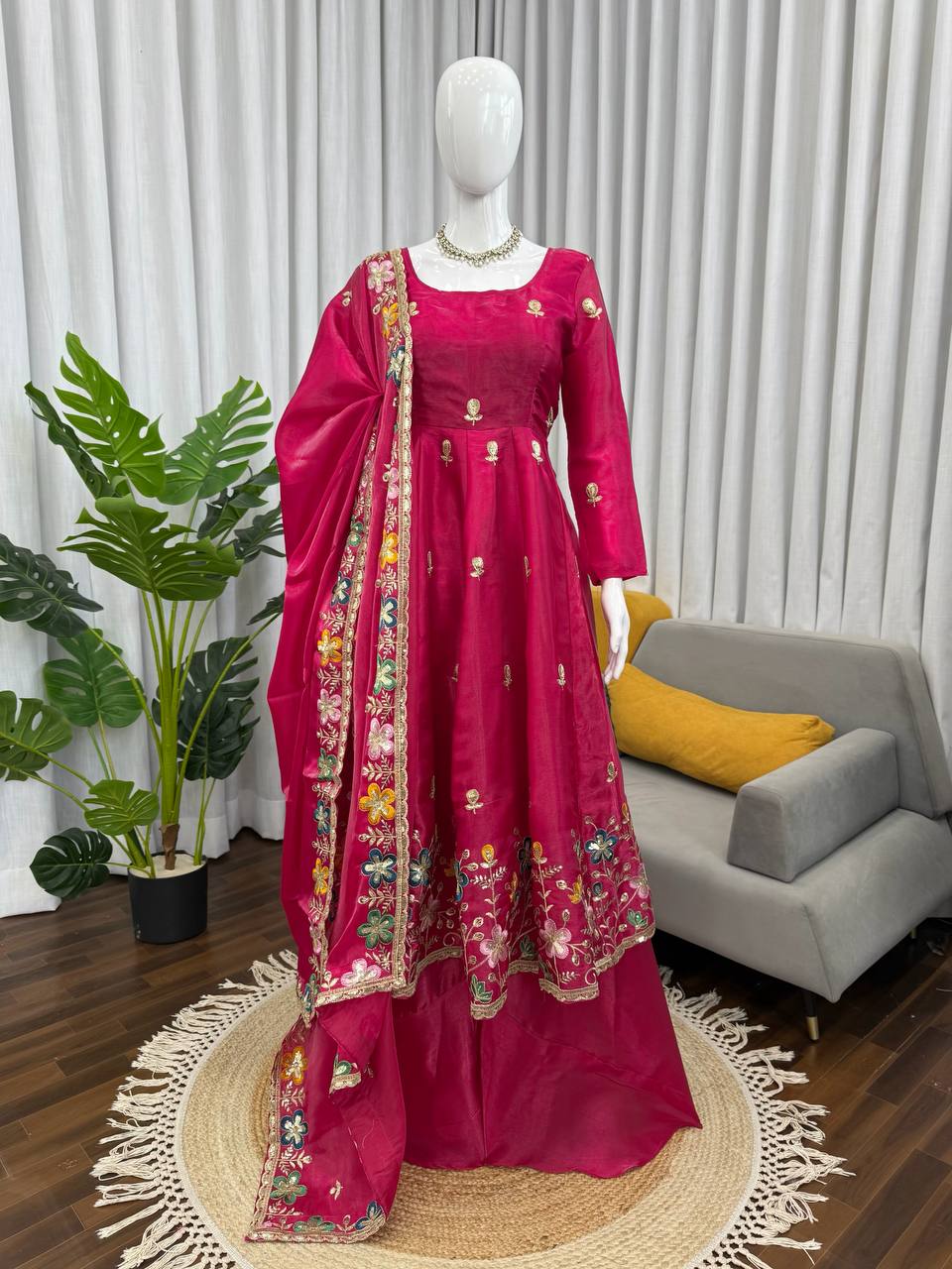 Fuchsia Pink Floral Embroidered Anarkali Suit with Dupatta