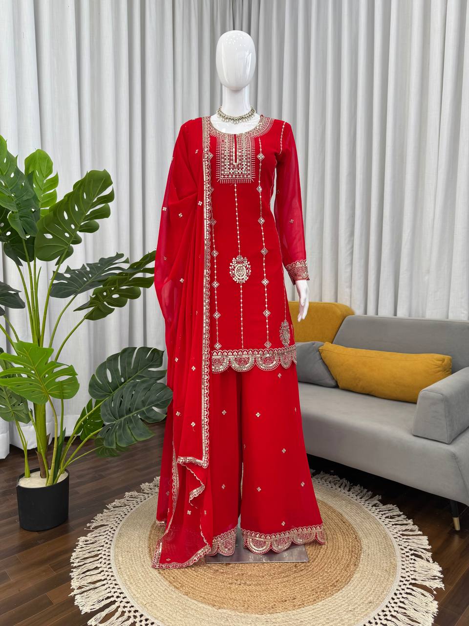 Embroidered Kurti Sharara Set with Dupatta – Red & Rani Pink