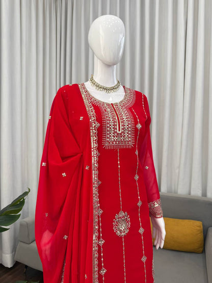 Embroidered Kurti Sharara Set with Dupatta – Red & Rani Pink