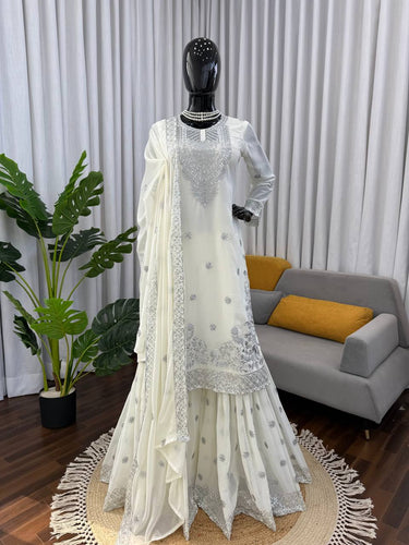 Ivory & Emerald Green Embroidered Sharara Suit Set with Dupatta (2 Colors)