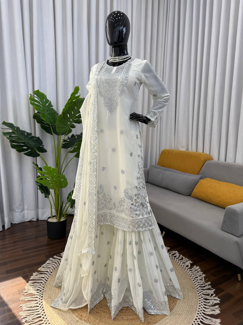 Ivory & Emerald Green Embroidered Sharara Suit Set with Dupatta (2 Colors)
