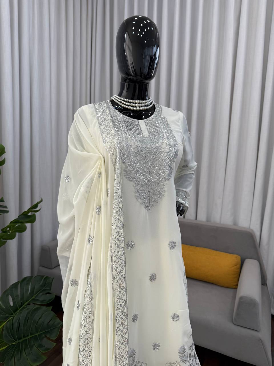 Ivory & Emerald Green Embroidered Sharara Suit Set with Dupatta (2 Colors)