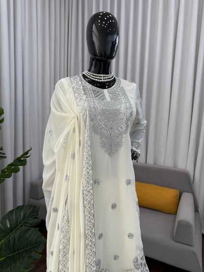 Ivory & Emerald Green Embroidered Sharara Suit Set with Dupatta (2 Colors)