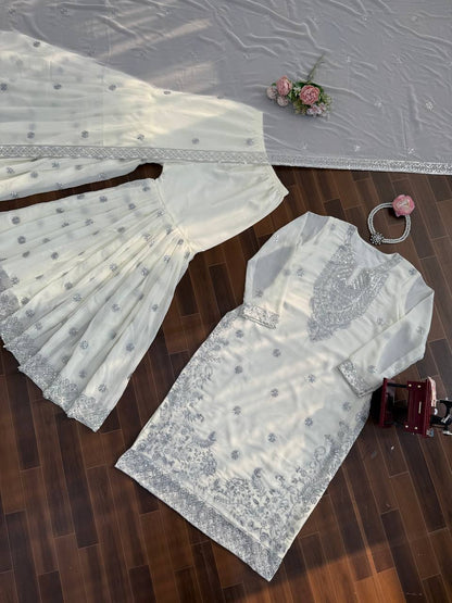 Ivory & Emerald Green Embroidered Sharara Suit Set with Dupatta (2 Colors)