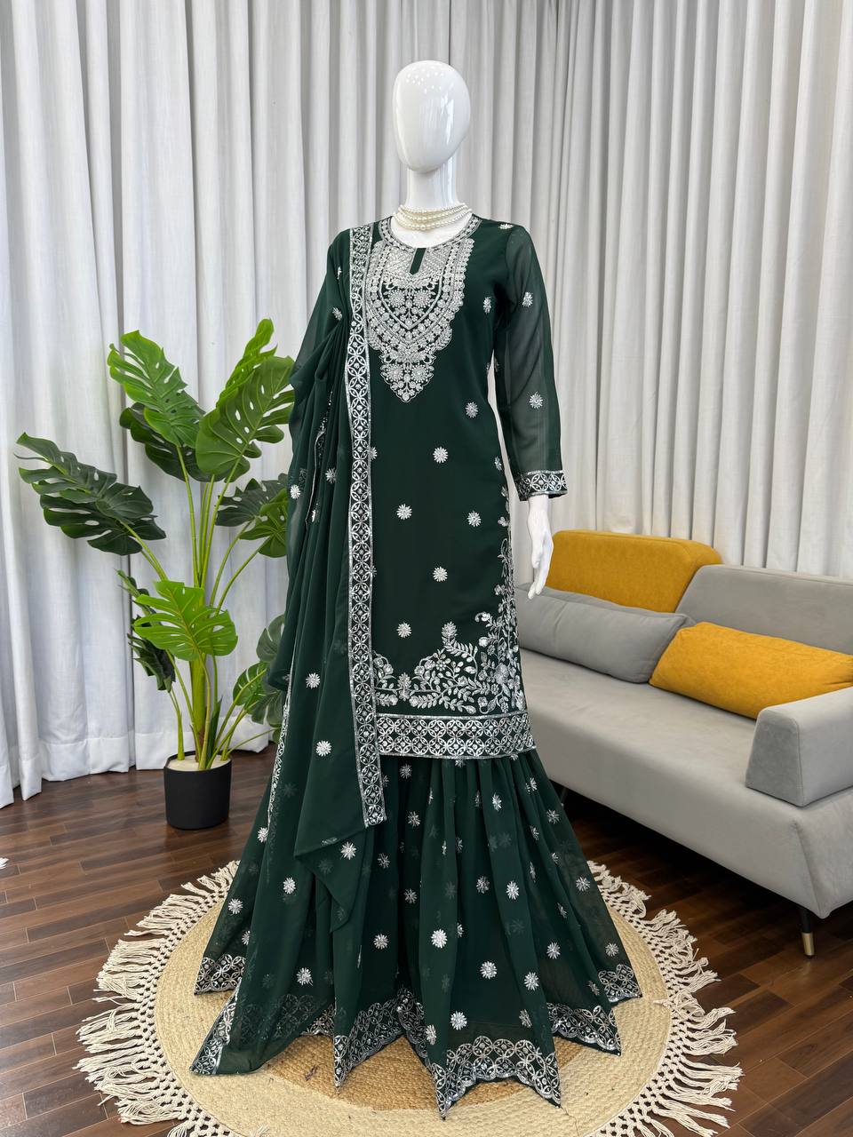 Ivory & Emerald Green Embroidered Sharara Suit Set with Dupatta (2 Colors)