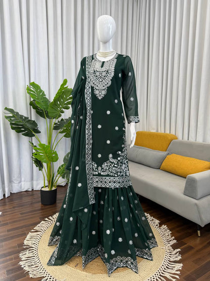 Ivory & Emerald Green Embroidered Sharara Suit Set with Dupatta (2 Colors)