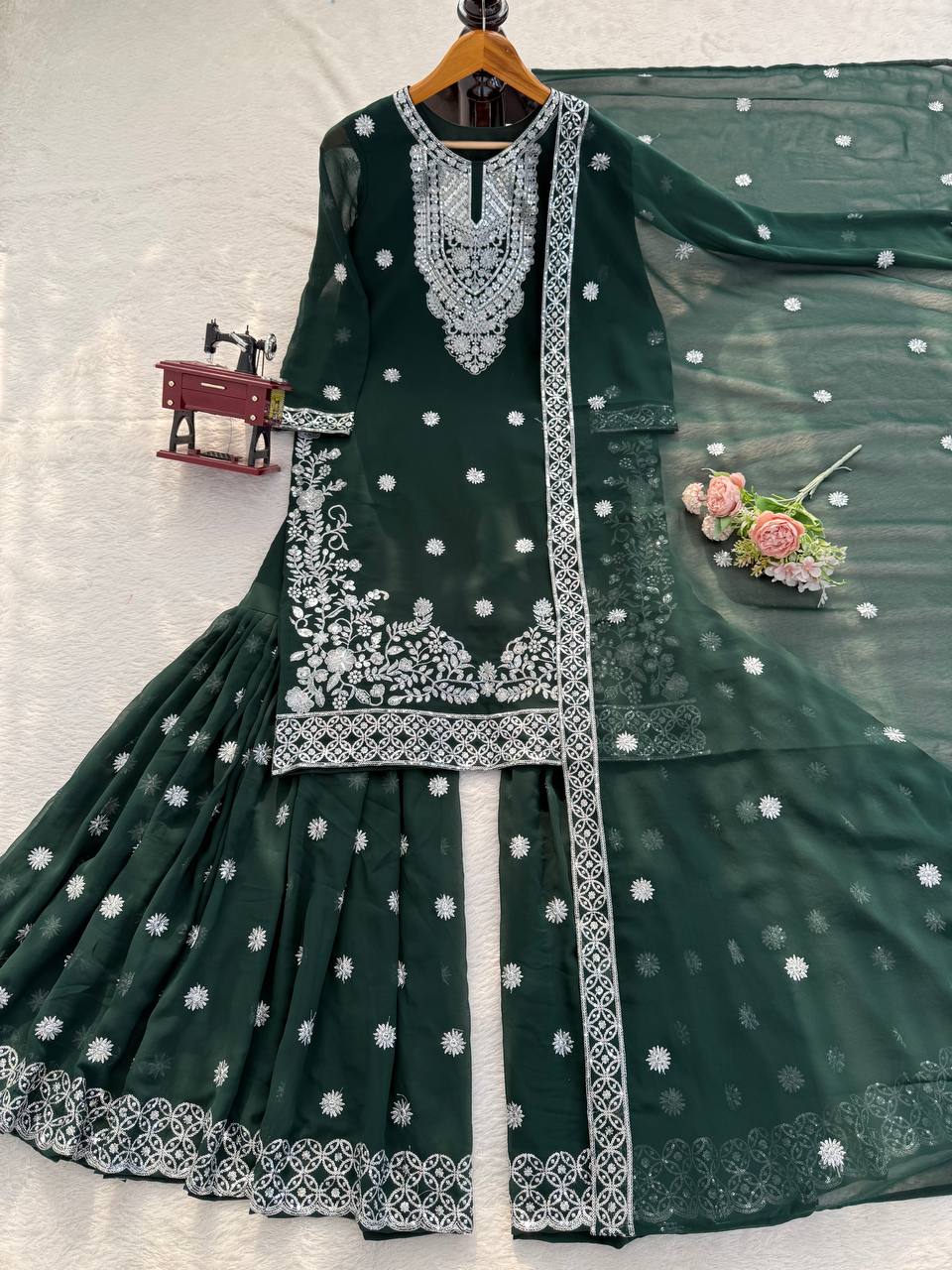 Ivory & Emerald Green Embroidered Sharara Suit Set with Dupatta (2 Colors)