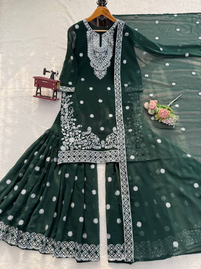 Ivory & Emerald Green Embroidered Sharara Suit Set with Dupatta (2 Colors)