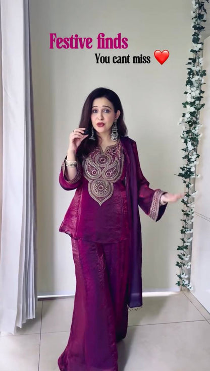 Wine Purple Embroidered Kurta Pant Dupatta Set – Festive Wear