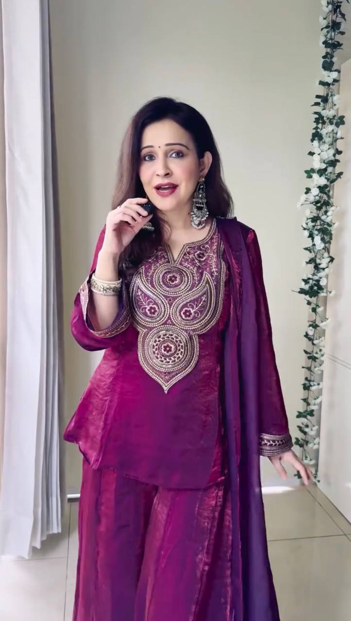 Wine Purple Embroidered Kurta Pant Dupatta Set – Festive Wear