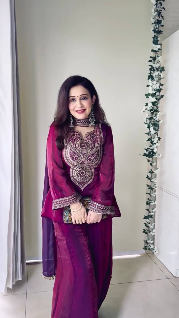 Wine Purple Embroidered Kurta Pant Dupatta Set – Festive Wear