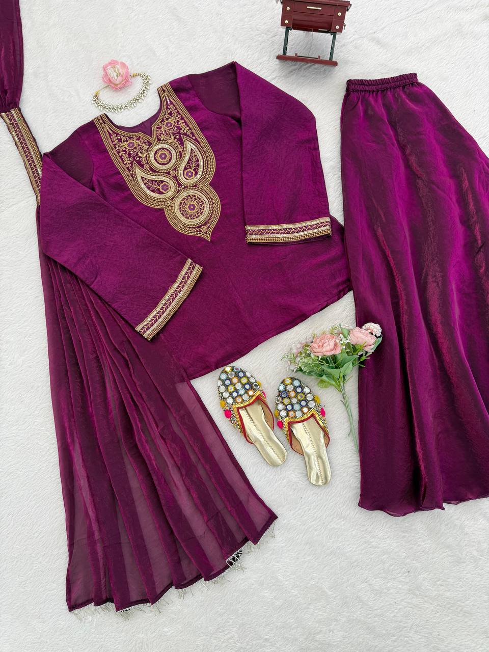 Wine Purple Embroidered Kurta Pant Dupatta Set – Festive Wear
