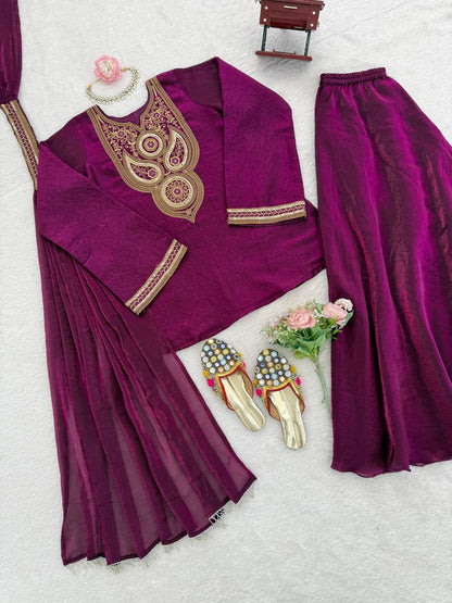 Wine Purple Embroidered Kurta Pant Dupatta Set – Festive Wear