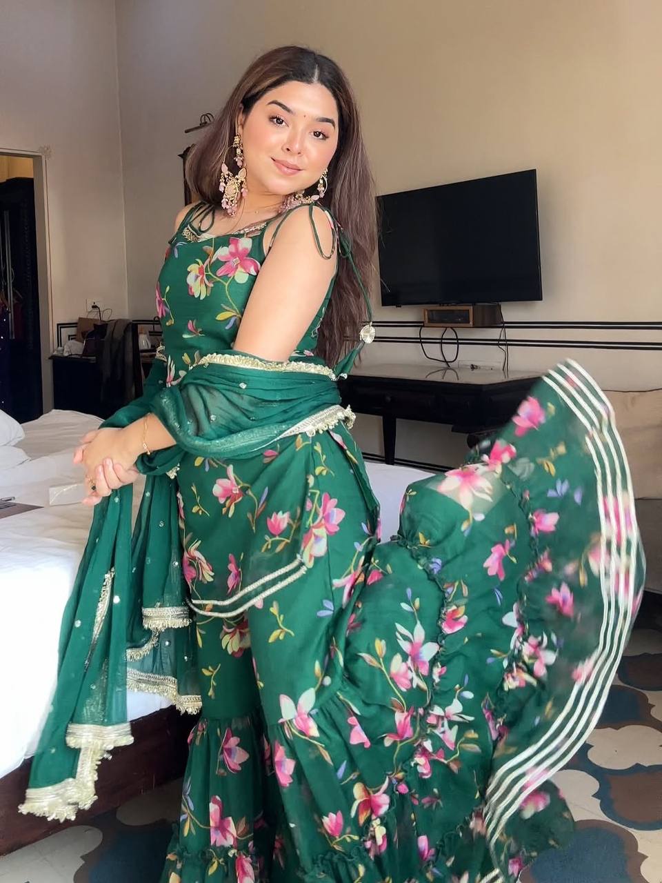 Bottle Green Floral Printed Sharara Set with Dupatta – Festive & Party Wear