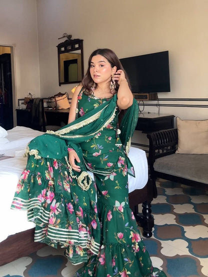 Bottle Green Floral Printed Sharara Set with Dupatta – Festive & Party Wear