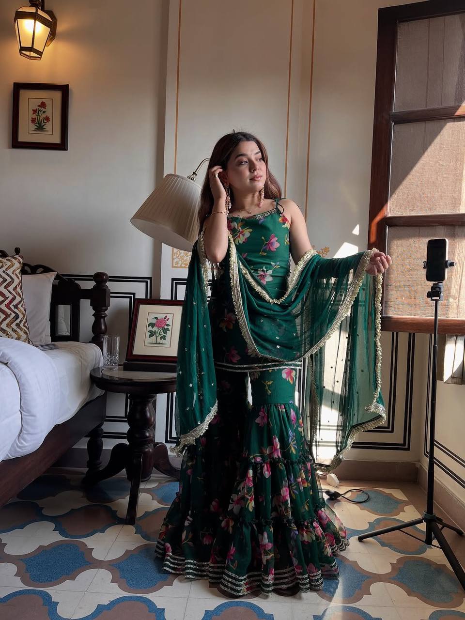 Bottle Green Floral Printed Sharara Set with Dupatta – Festive & Party Wear