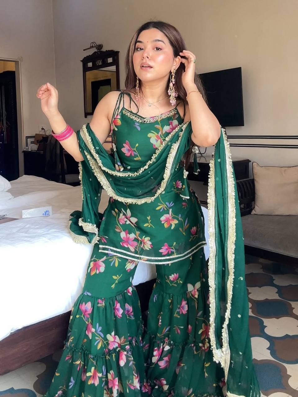 Bottle Green Floral Printed Sharara Set with Dupatta – Festive & Party Wear