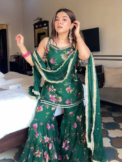 Bottle Green Floral Printed Sharara Set with Dupatta – Festive & Party Wear