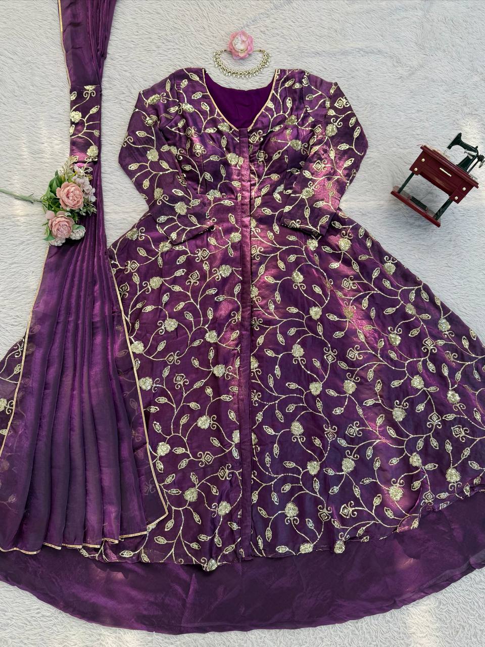 Royal Purple Floral Embroidered Jacket Style Anarkali Set with Dupatta