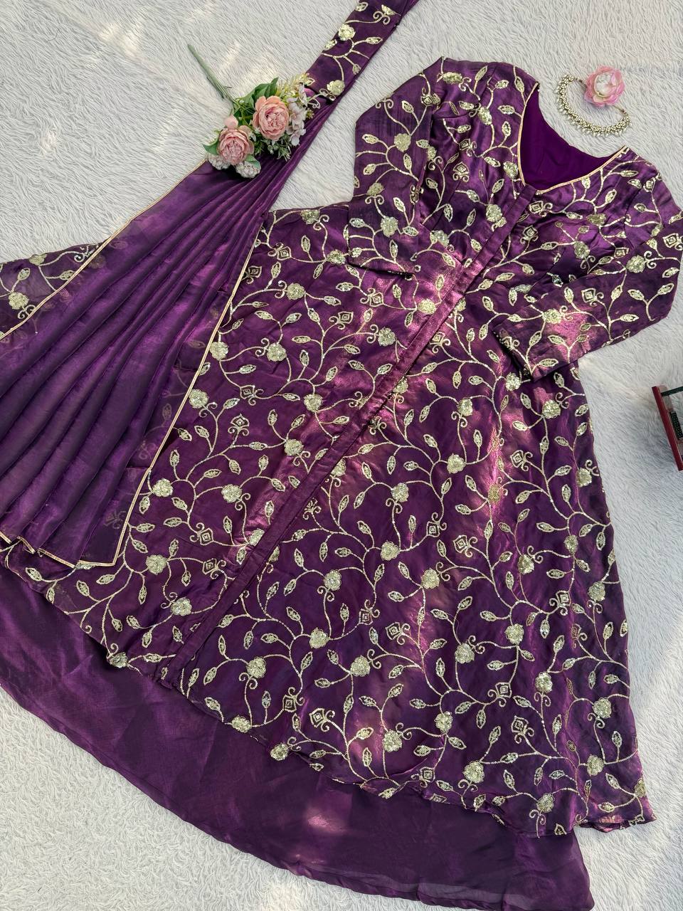 Royal Purple Floral Embroidered Jacket Style Anarkali Set with Dupatta
