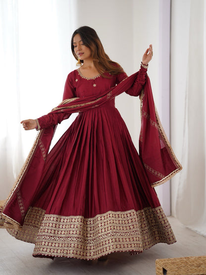 Maroon Anarkali Suit Set with Heavy Embroidered Dupatta & Matching Bottom