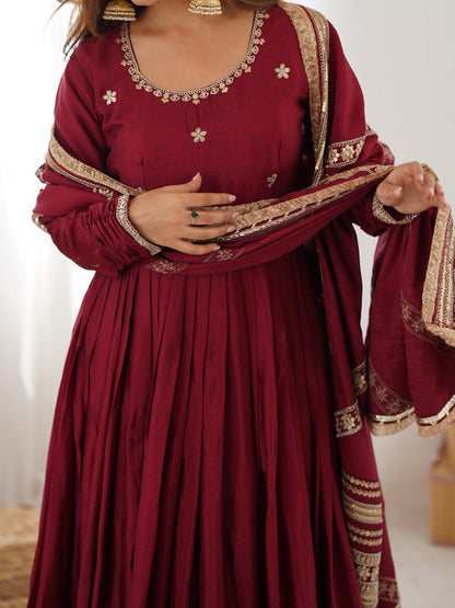 Maroon Anarkali Suit Set with Heavy Embroidered Dupatta & Matching Bottom