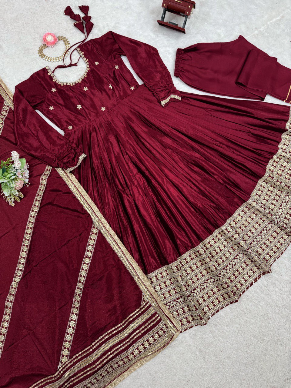 Maroon Anarkali Suit Set with Heavy Embroidered Dupatta & Matching Bottom