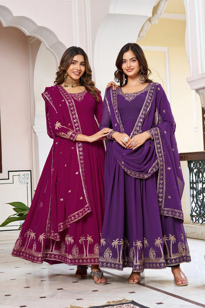 Purple & Wine Anarkali Suit Set with Embroidered Dupatta (2 Colors Available)