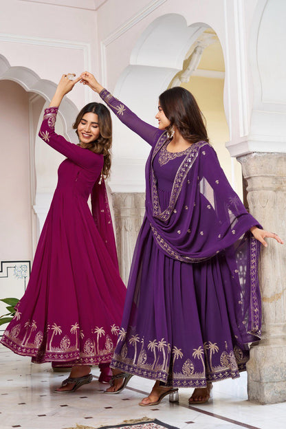 Purple & Wine Anarkali Suit Set with Embroidered Dupatta (2 Colors Available)