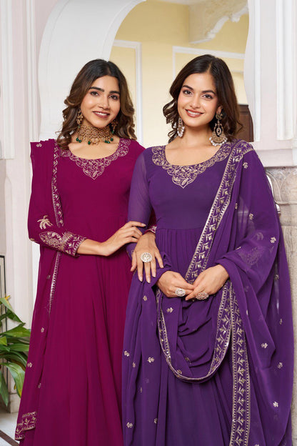 Purple & Wine Anarkali Suit Set with Embroidered Dupatta (2 Colors Available)