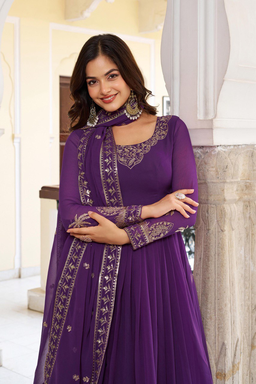 Purple & Wine Anarkali Suit Set with Embroidered Dupatta (2 Colors Available)